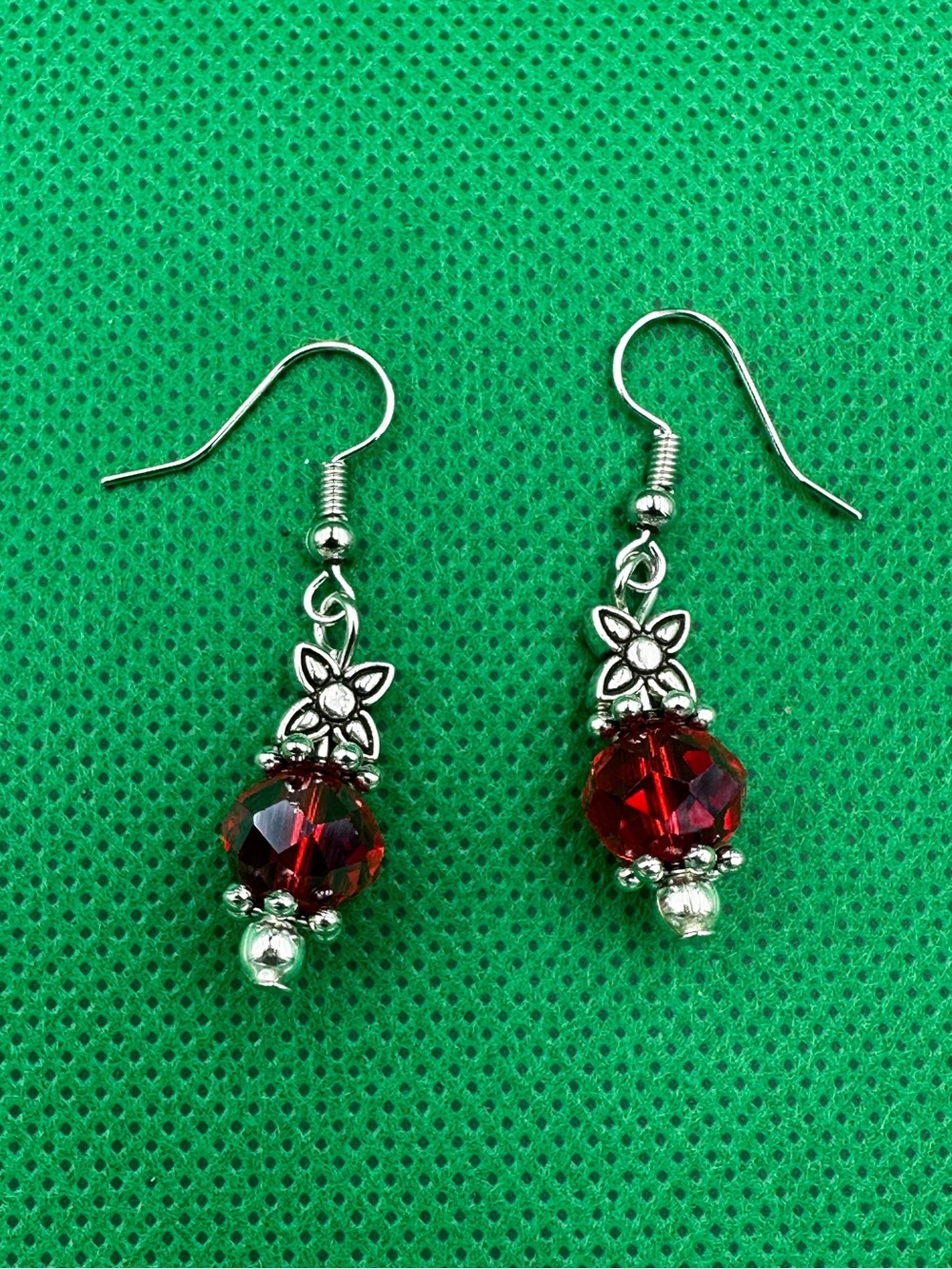 Handmade Silver Tone Red Crystal Flower Drop Dangle Earrings